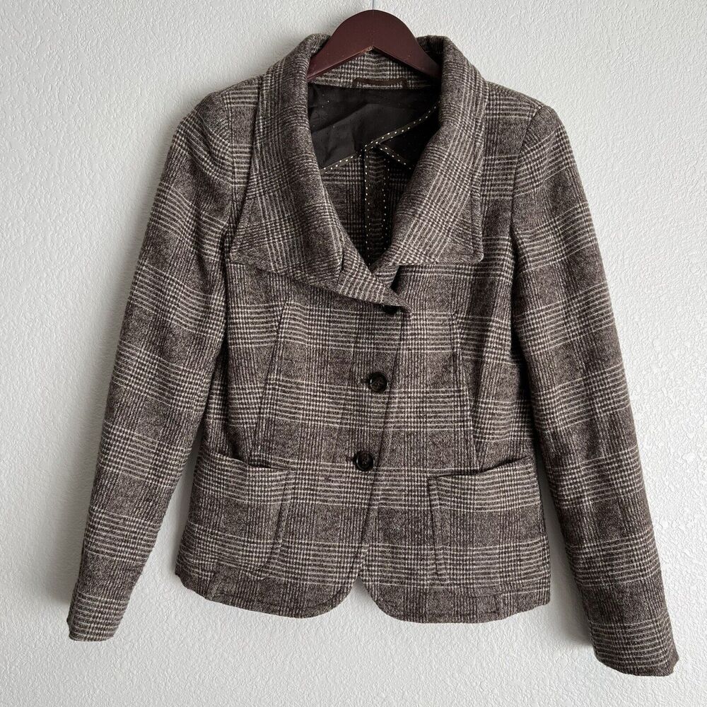 Max Mara Weekend Plaid Wool Asymmetrical Blazer Size 6 Brown